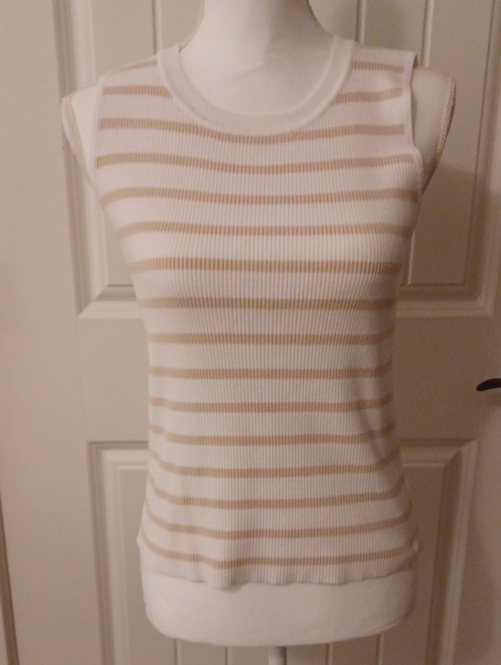 Halston Striped Sleeveless Knit Tank Top - White & Tan